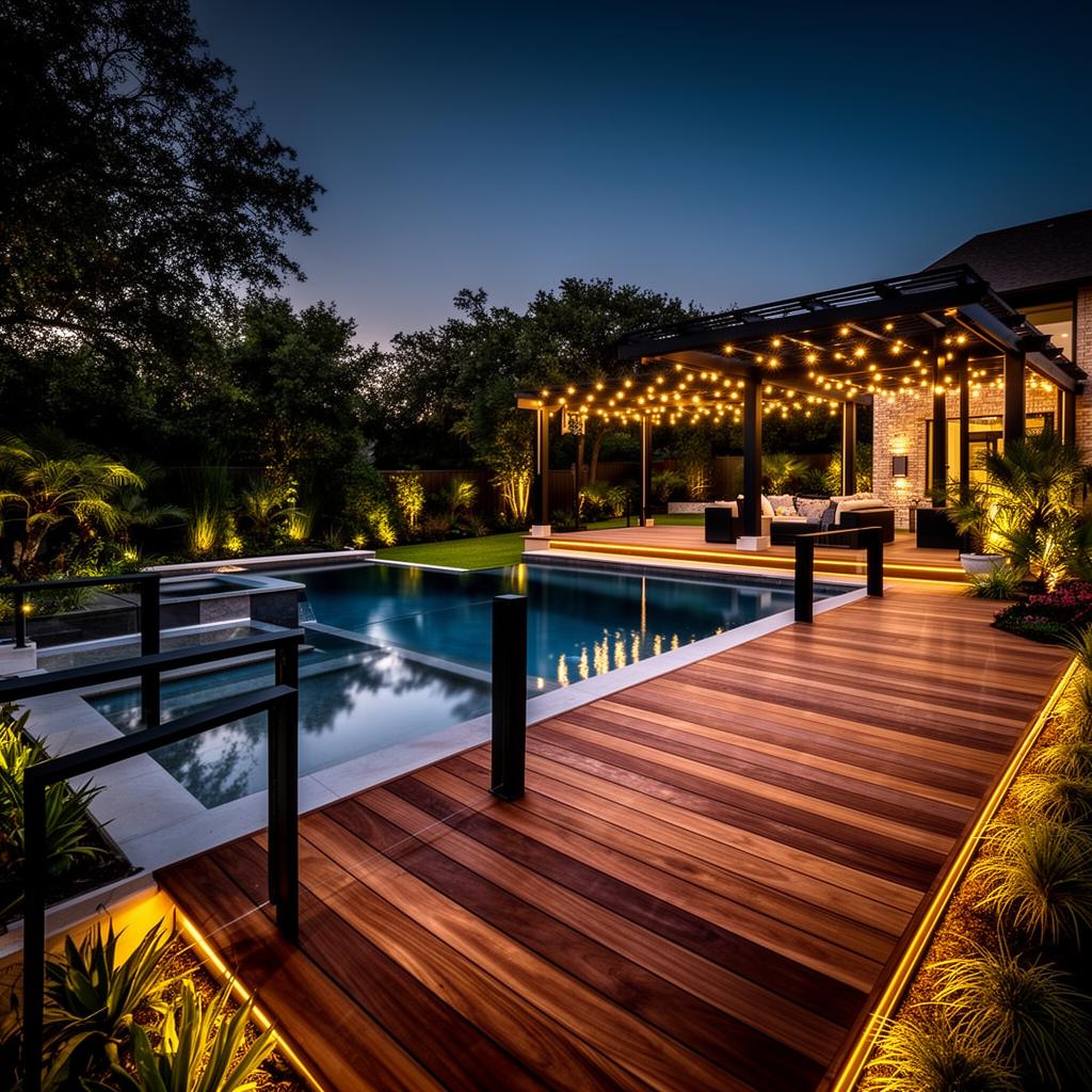 Backyard pool, deck and pergola at twilight